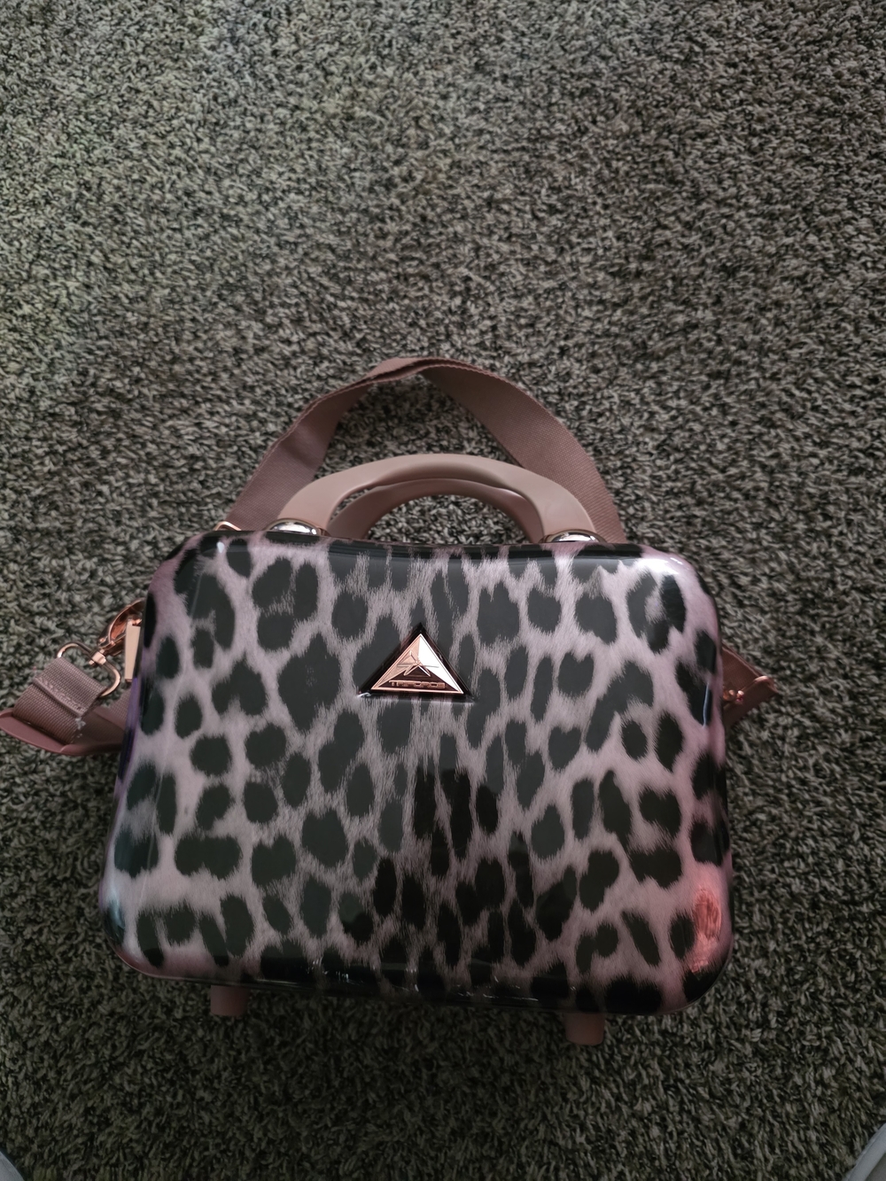 Leopard Print Hard-Shell Crossbody Bag with Pink Strap
